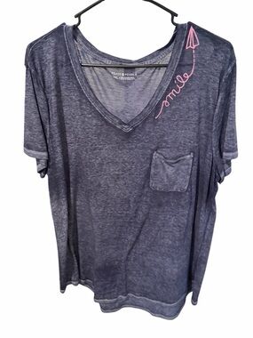 Peace & Pearls Navy V-Neck Pocket Tee with Pink 'Smile' Embroidery